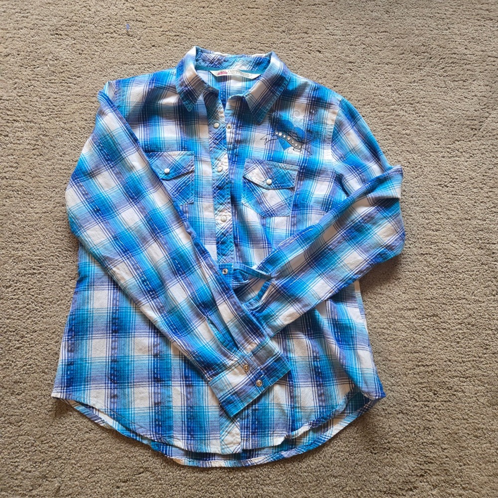 Cumberland Outfitters Womens Blue Plaid Western Snap Shirt Winged Heart Large